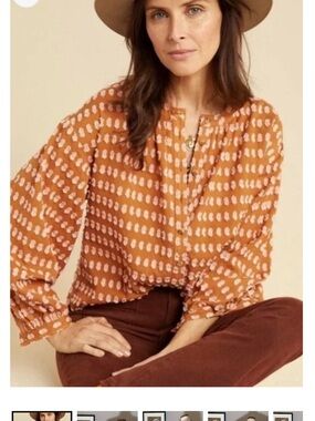 Pilcro Rust Orange Printed Button-Front Peasant Top